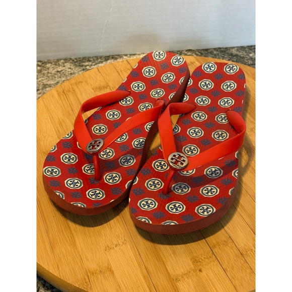 Tory Burch Shoes - Tory Burch Red Logo Print Flip Flop Sandals Silver Tone Medallion Thong Shoes